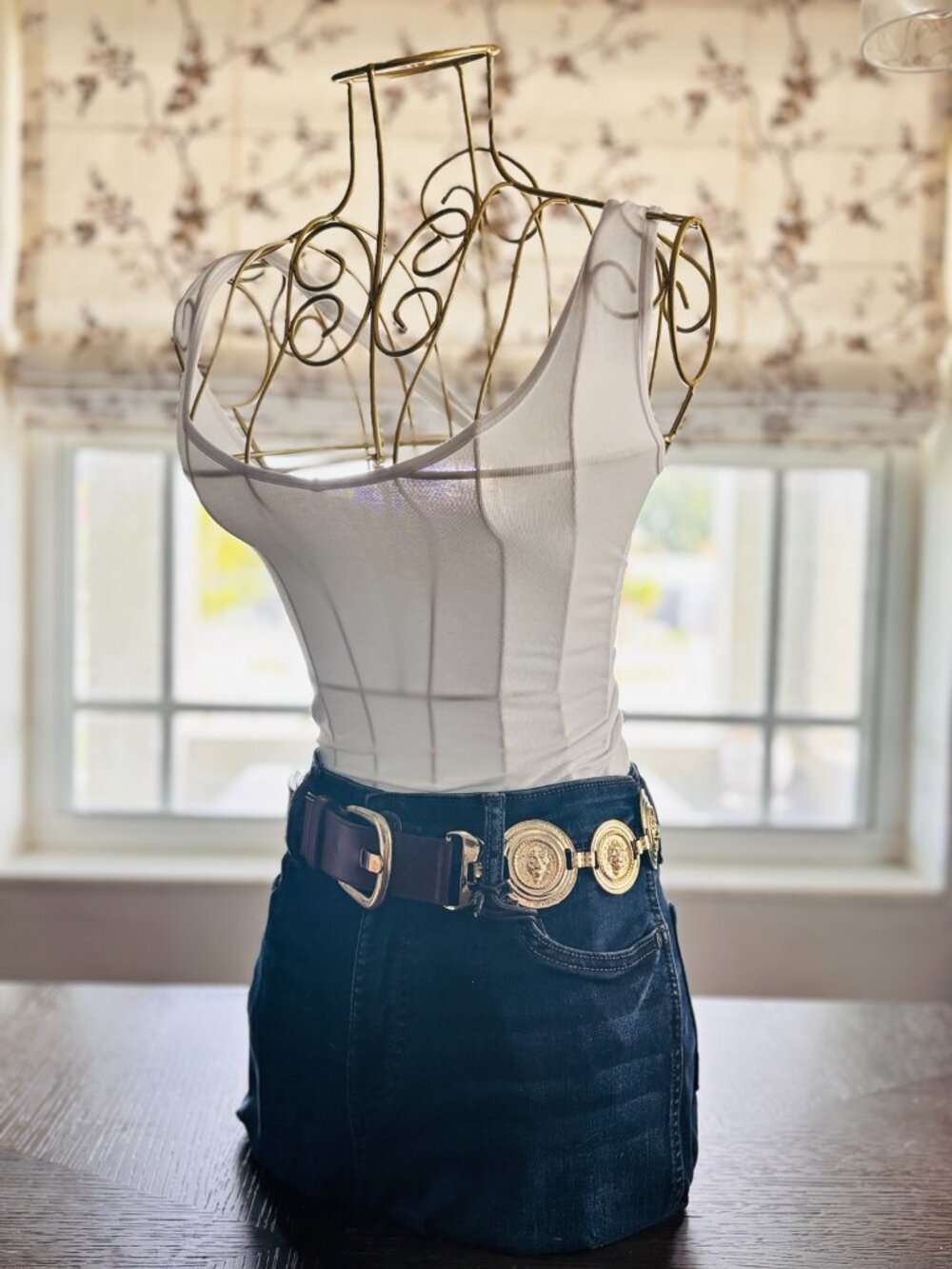 Asymmetrical Medallion Coin Belt Brown Leather Gold Statement Waist 33